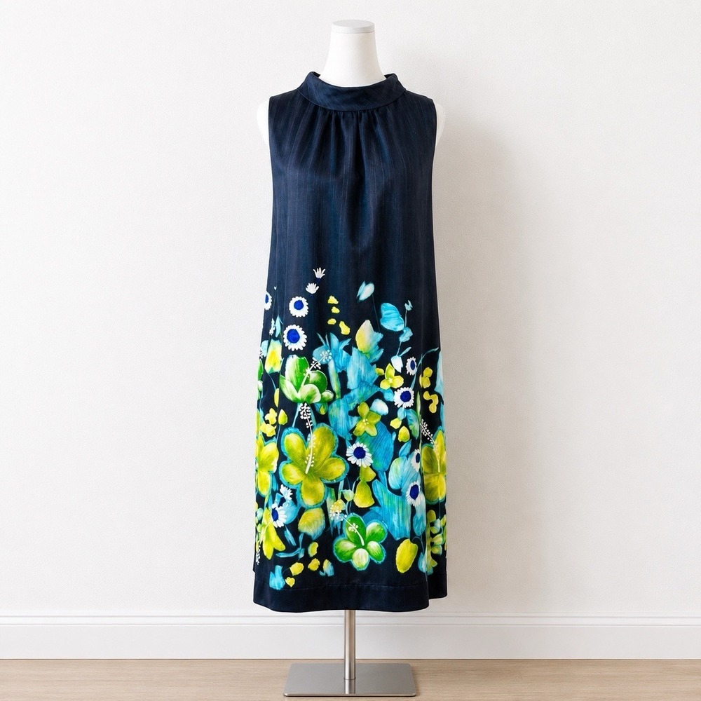 Vintage 60's Hawaiian Dress Size Large MOD Polynesian Tiki Navy Floral Cotton